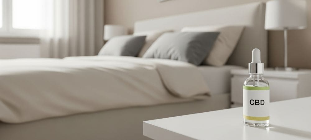Frasco de aceite de CBD en una mesita de noche, ideal para demostrar cómo el CBD relaja antes de dormir.