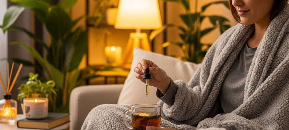 Mujer en casa utilizando una pipeta de aceite; una rutina común donde el CBD relaja y favorece el bienestar nocturno
