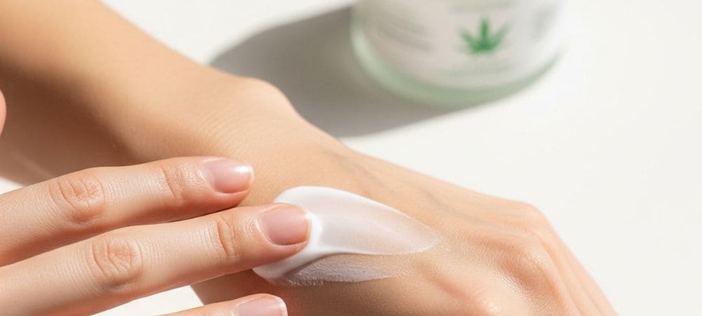 Aplicación tópica de crema de marihuana en la mano para absorber sus propiedades analgésicas.