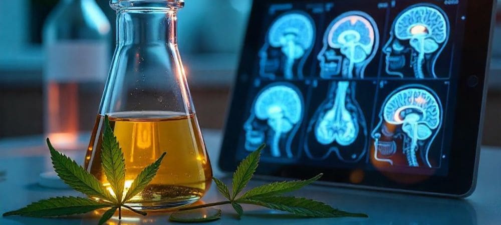 Frasco de laboratorio con extracto de cáñamo junto a una pantalla con escáneres cerebrales, representando la investigación científica del CBD para la migraña.