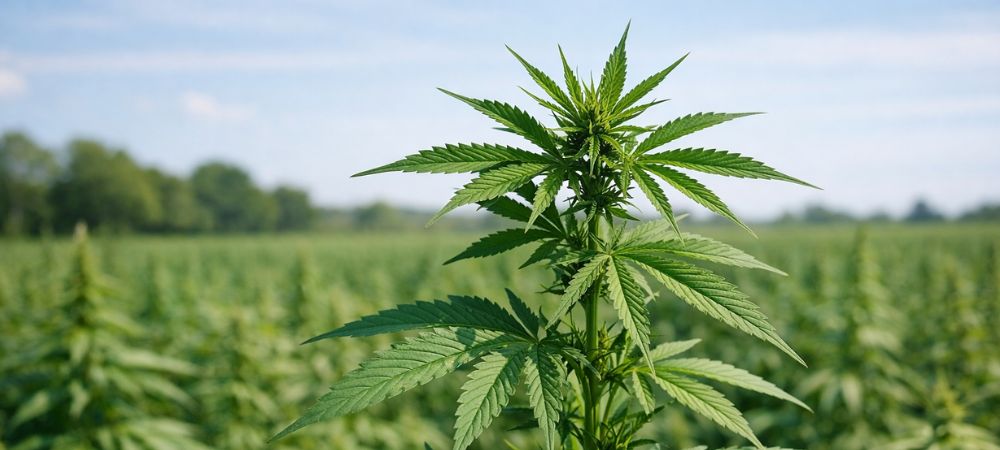 Planta de marihuana cannabis sativa en cultivo exterior, creciendo al aire libre con hojas verdes sanas y estructura fuerte durante la fase vegetativa