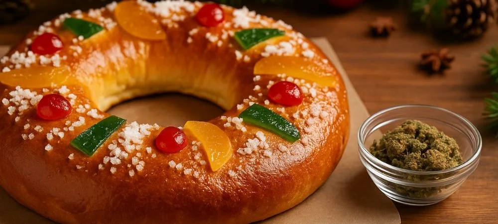 Roscón de Reyes cannábico casero con frutas confitadas, azúcar glas y especias navideñas