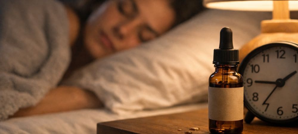 Aceite de CBD en la mesilla de noche junto a una persona durmiendo plácidamente