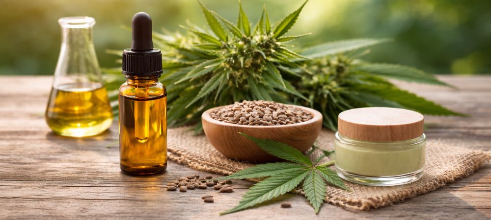 Aceite de cannabidiol (CBD) junto a semillas de cáñamo y hojas de cannabis, origen natural del CBD