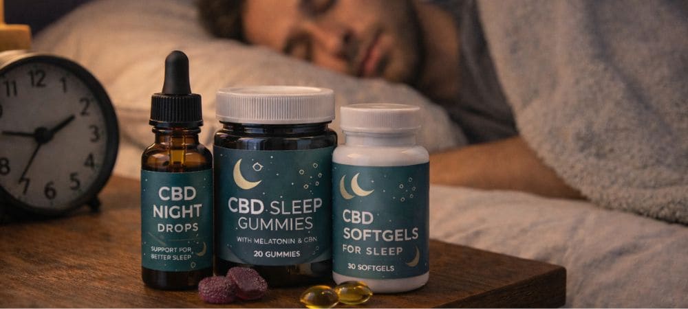 :Productos de CBD para dormir como gotas, gummies y cápsulas colocados en la mesilla antes de acostarse