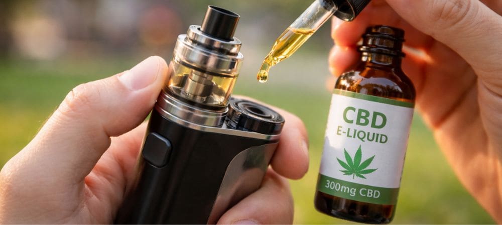 Recarga de e-liquid de CBD en un vaporizador portátil, forma popular de consumir cannabidiol sin combustión. Forma legal de fumar cbd en la calle