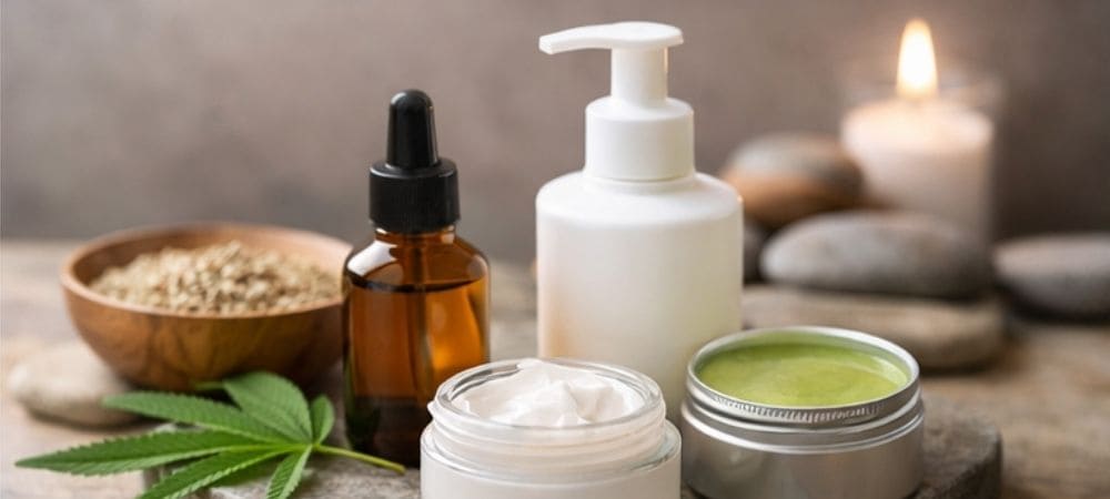 Productos de cosmética con CBD como aceites y cremas elaborados a partir de cannabis