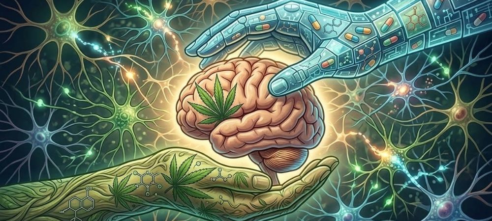 CBD efectos cerebro ilustrados con neuronas y cerebro influenciado por cannabinoides