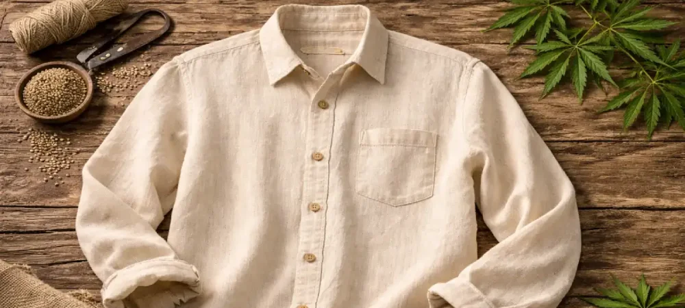 Camisa de tejido natural elaborada con fibras de cáñamo "hemp" sobre superficie de madera