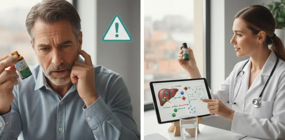 Un hombre con gesto de preocupación sosteniendo CBD junto a una señal de advertencia, y una doctora explicando el metabolismo del hígado mediante una infografía en una tablet.