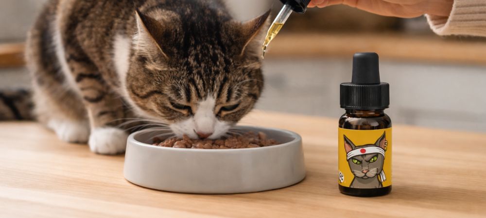 gato comiendo de su comedero mientras le añaden gotas de cbd para gatos