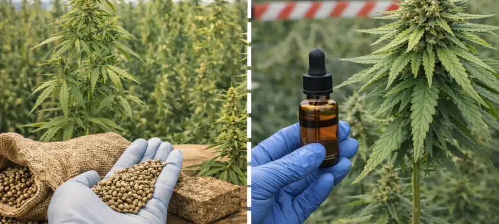 Comparación visual entre cáñamo industrial y cáñamo medicinal mostrando diferencias en cultivo y uso