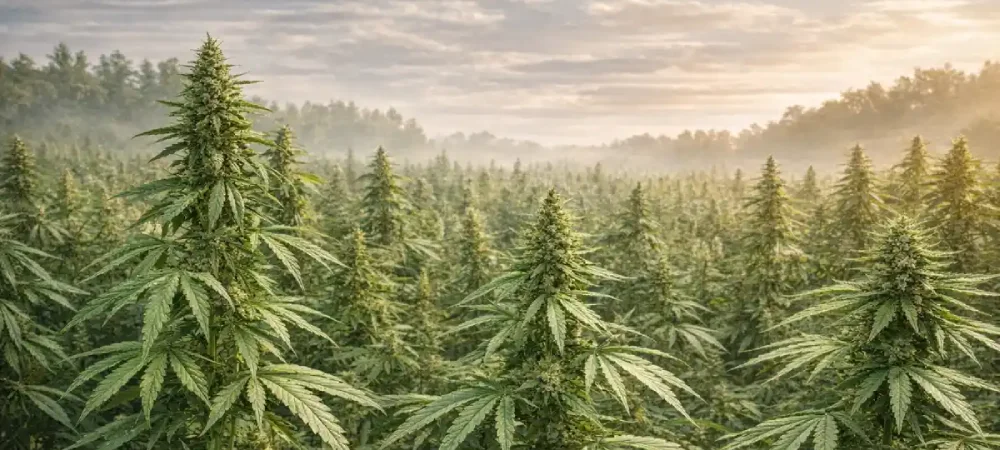 Campo de plantas de cáñamo hemp cultivadas en exterior para uso industrial