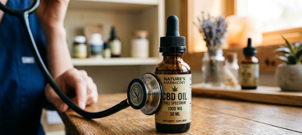 estetoscopio midiendo el pulso a una botella de CBD para mostrar la relación del CBD y taquicardia