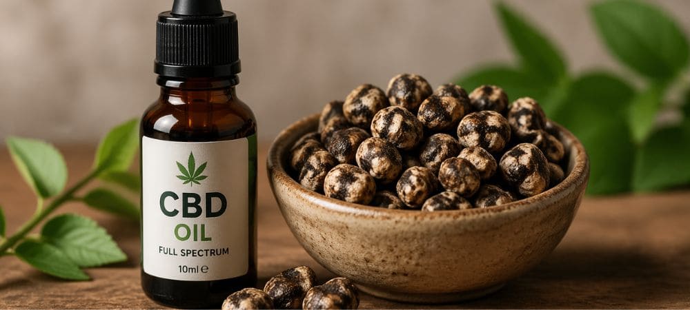cbd al lado de trufas mágicas sobre una mesa de madera
