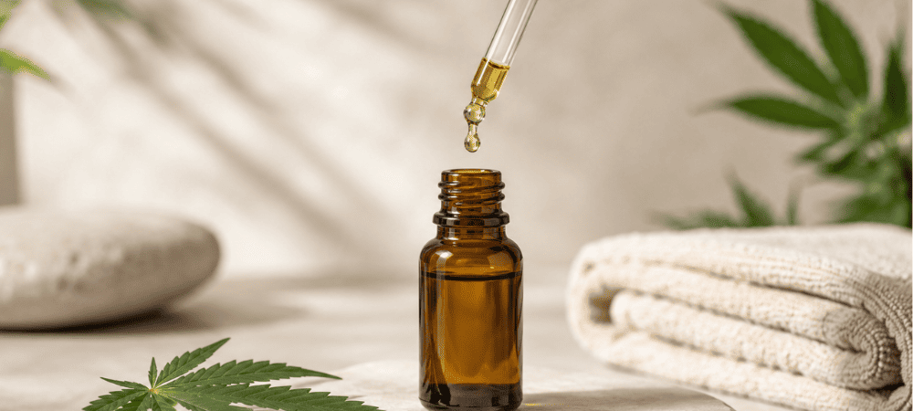 Aceite de cannabidiol en un frasco con un cuentagotas