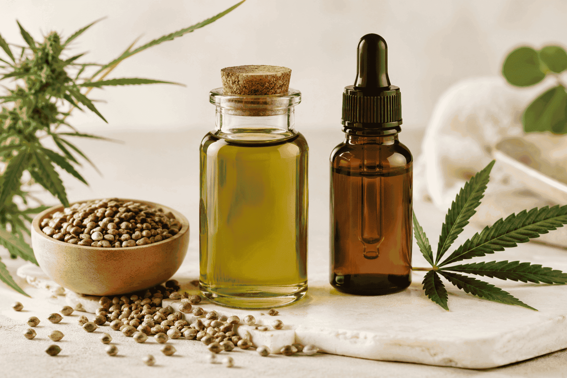 Imagen comparativa de hemp oil y aceite CBD con semillas de cáñamo