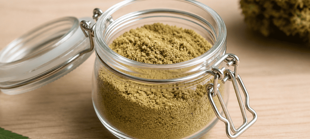 Tarro de cristal con kief almacenado, imagen sobre conservación de esta resina fina del cannabis