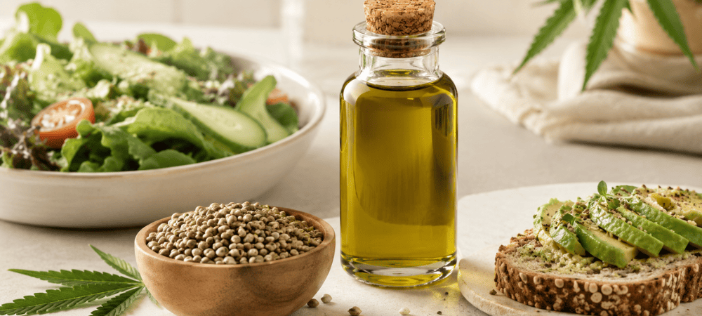 Hemp oil con semillas y ensalada saludable