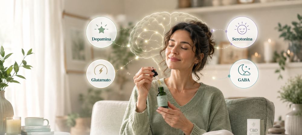 mujer tomando CBD para equilibrar los neurotransmisores dopamina, serotonina, glutamato y gaba