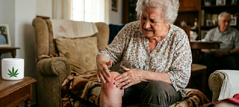 Persona mayor que padece artrosis utiliza una crema de cannabidiol para aliviar el dolor en la rodilla