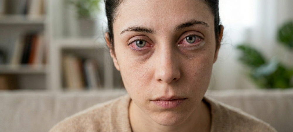 Mujer bajo los efectos del HHCP, con los ojos enrojecidos y somnolencia,