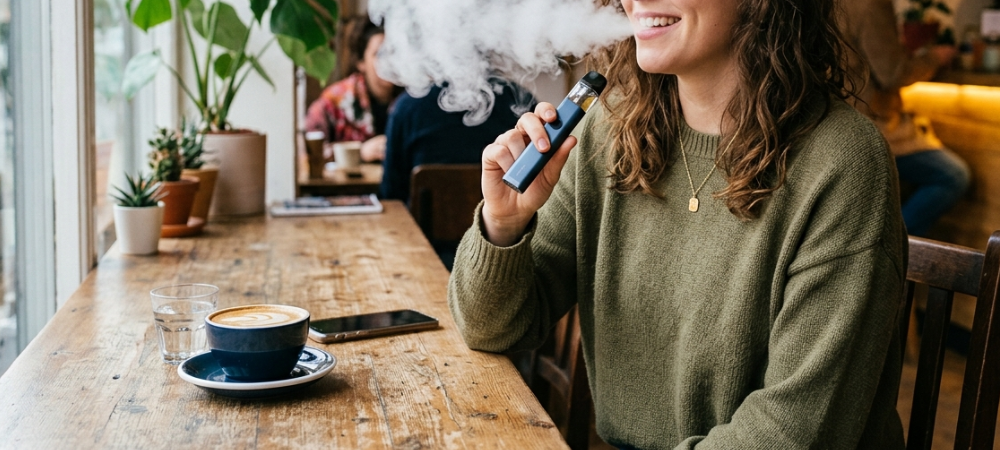 Mujer fumando HHCP en formato vaper