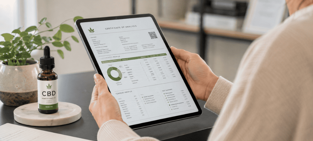 Persona revisando el certificado de análisis de un producto CBD.