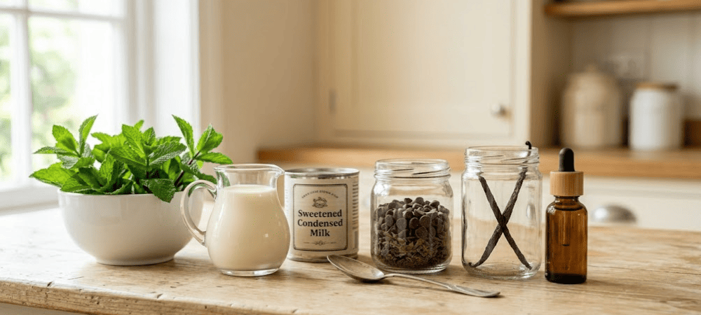 Ingredientes para preparar helado de menta con CBD casero.