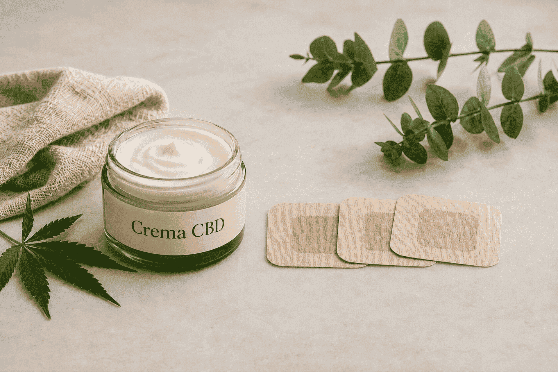 Crema CBD y parches CBD sobre superficie neutra para comparar formatos de aplicación.