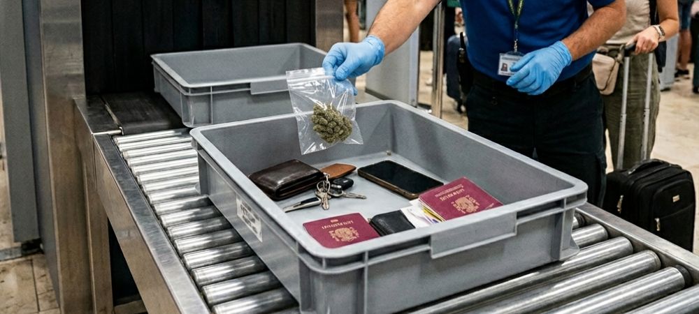 ¿Se puede llevar CBD en avión? Imagen del control de seguridad con flores de cannabidiol