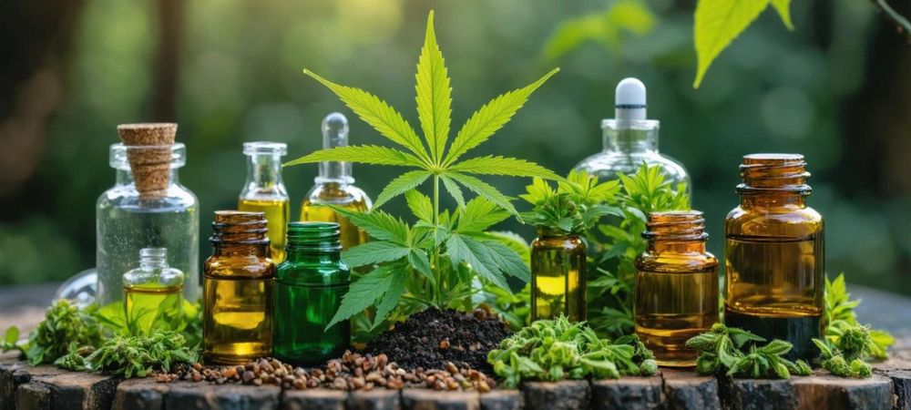 Terpenos en extractos de CBD con hojas de cáñamo y frascos de aceite natural
