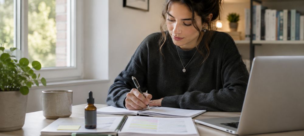 Mujer utilizando CBD para estudiar como forma de concentración