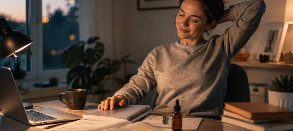 mujer usando cbd para exámenes la noche antes para llegar a la prueba descansada y sin estrés