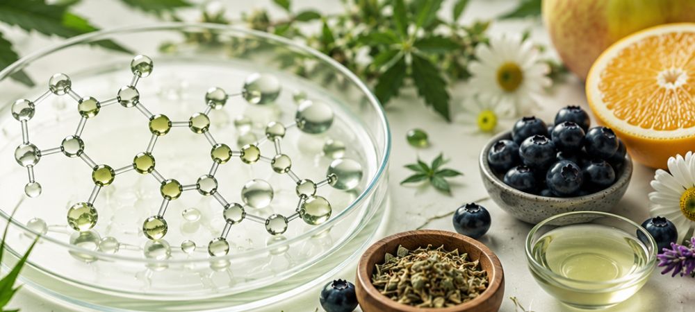Representación de los flavonoides del cannabis junto a frutas y plantas