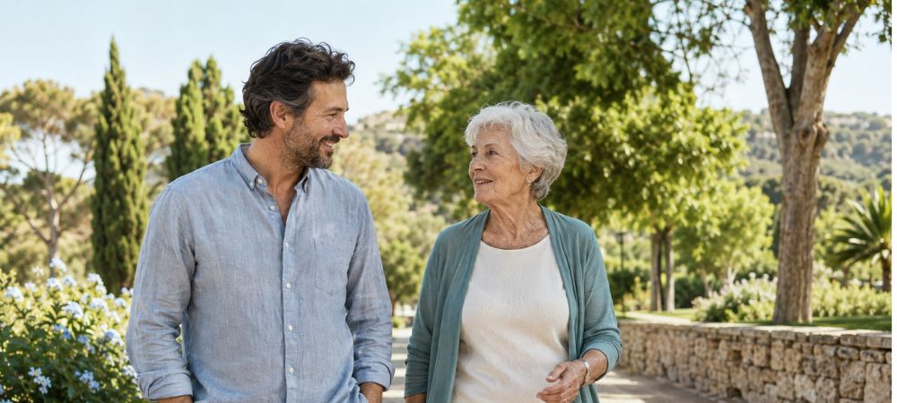 mujer mayor con alzheimer paseando y conversando con su hijo